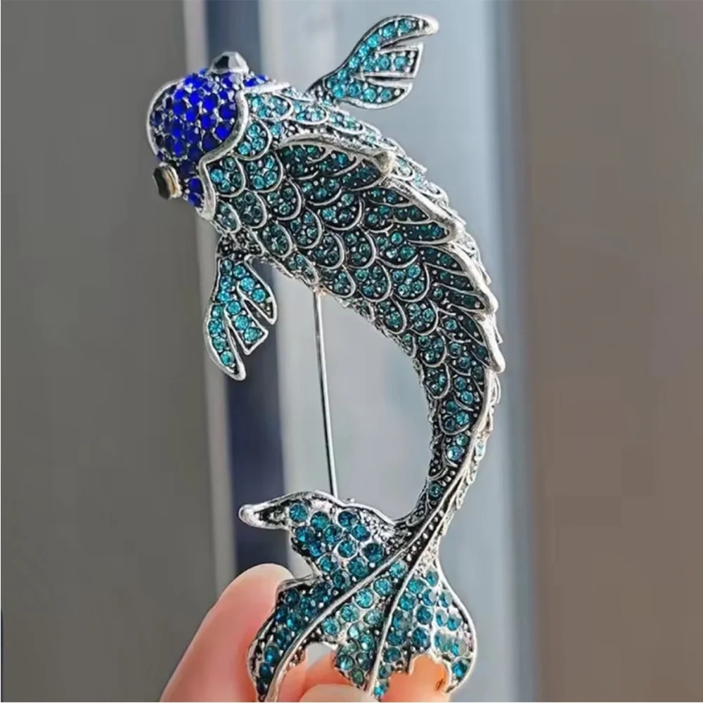 Luxe Blue Crystal Koi Fish Rhinestones Brooch